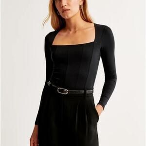 Abercrombie Soft AF Corset Square Neck Long Sleeve Bodysuit Black Small